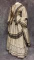 Dress ensemble of grey and white pinstripe silk taffeta trimmed in pleated ivory organdy with black crocheted lace overlay
