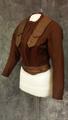 Bodice of brown, red, and grey striped wool with high, round neckline with small ring collar and long tapered sleeves