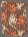 Textile panel of brown cotton with ivory and orange teardrop shaped brushstrokes in groups to create a pattern