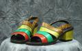 Sandals of red, green, yellow, and saddle brown leather with chunky heel covered in yellow leather