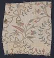 Textile fragment of natural beige silk faille with Tambour embroidery in metallic gold, rose pink and blue silk