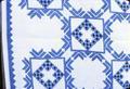 65 x 58 inches. Blue and white Hardanger, 1975 or 1976, here in Junction City, tablecloth