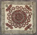 Textile Panel of hand-spun, hand-woven white cotton with block print design in red and black