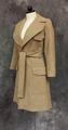 Coat of tan wool with wide, notched collar and open-front