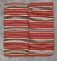 Apron of two textile panels sewn together of striped wool in red, orange and purple with white in-between