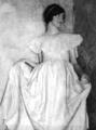 Young woman in gown, by oval picture