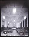 Portland Central Library, interior view of Reading Room with ceiling ornament and fixtures in Georgian style. A. E. Doyle, architect.