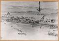 Sketch of The Dalles, Oregon, including Dalles Academy on the right and Fort Dalles under the arrow - 1870