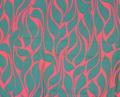 Textile Panel of bright pink and medium blue cotton in a print of stylized leaf motifs against a pink ground