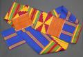 Textile panel (Kente cloth) of royal blue, yellow-orange, deep red, green and white interwoven silk-cotton in plain weave