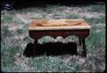 Skammell, a traditional Norwegian stool. Made about 1973, but Mr. S. made lots of them. All children use them to sit on, as step stool. Women used them in kitchen, men sat on them for stools. 20 1/2 x 13 x 12 inches. He cut out the sides by the dozens. Most had openings in the tops.