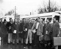 1941 OSC football team preparing to board bus to go to the Rose Bowl game