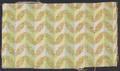 Textile sample of woven ivory, yellow, green and light blue cotton-like check with a brocade of golden tan