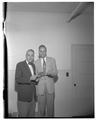 Joe Berry, OSC Foundation gives M. Robertson the first GE employee alumni donation check, June 1955