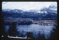 Bonneville Dam and snow-covered mountains, circa 1966