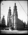 Temple Beth Israel, Portland. Twin-towered synagogue at corner of 12th and Main. Power lines in foreground.