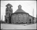 First Methodist-Episcopal Church South, at Union and Multnomah, Portland. Stone building with bell tower, stained glass windows. Street in foreground.