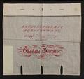 Textile Sampler of white cotton with red embroidered alphabet, numbers and name and date