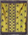 Sarong of purple cotton brocaded with gold silk in a pattern of two crossed swords, sailboats, and floral motifs