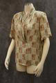 Blouse of ecru textured silk with sage green and brown starbursts set in squares creating a check pattern