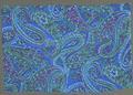 Textile sample of blue cotton with overlapping paisleys in purple, green, light blue, and black