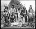 Group of Umatilla indian men in costume, group includes Paul Sho-o-way, and Francis Lincoln