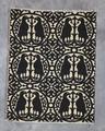 Textile panel of black and natural double weave linen or cotton in a design of pairs of birds in circles with wrought-iron designs