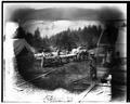 Logging camp with men and horse drawn wagon.