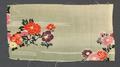 Textile fragment of olive green silk crepe with floral designs in reds, greens, and maroon with beige lines behind the floral designs