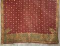 Wedding Sari of dark burgundy (prune red) woven cotton with decorative trim in gold paste