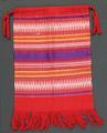 Bag of red hand-woven wool with horizontal figured bands of added weft surface embroidery in deep blue, white, and yellow