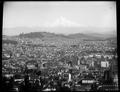 Panorama of Portland from west hills. Mt. Hood in distance, business district in foreground.