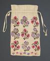 Pouch of natural woven linen needlepoint embroidered in an open-mesh of nine floral sprays of pink