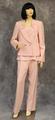 Pantsuit of pink stretch wool: a) Jacket of pink stretch wool with long rounded lapel trimmed in pink silk charmeus