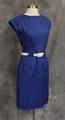 Dress of medium blue linen with wide, scoop neckline and cap sleeves