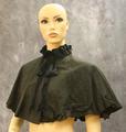 Capulet of black woven silk with standing ring collar embellished with pleated black satin ribbon and trimmed around the neckline with jet beads