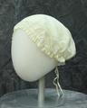 Night cap of ivory cotton batiste with drawstring casing with ties in back