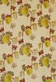 Textile panel of white cotton hand-printed with a large repeat design in red, yellow, green, and tan of butterflies and fruit