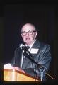 Giles French speaking at Oregon Wheat Growers League conference, Moro, Oregon, 1976