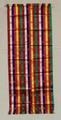 Scarf of brightly colored striped silk taffeta with various motifs brocaded throughout