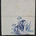 Towel (Tenugui) of white cotton with stencil print design of irises and water in shades of blue