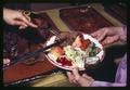 Plate of food, ham, and roast beef at Farm Bureau dinner, Corvallis, Oregon, circa 1970