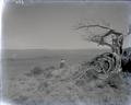 Man sitting on a bluff looking through binoculars