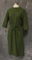 Dress of olive wool knit with wide, high neckline