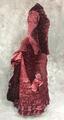 Dress ensemble of maroon cut velvet in a floral pattern and shirred maroon silk satin